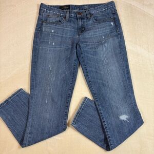 J. Crew Womens Blue Toothpick Straight Leg Jeans with Distressed Details Size 28